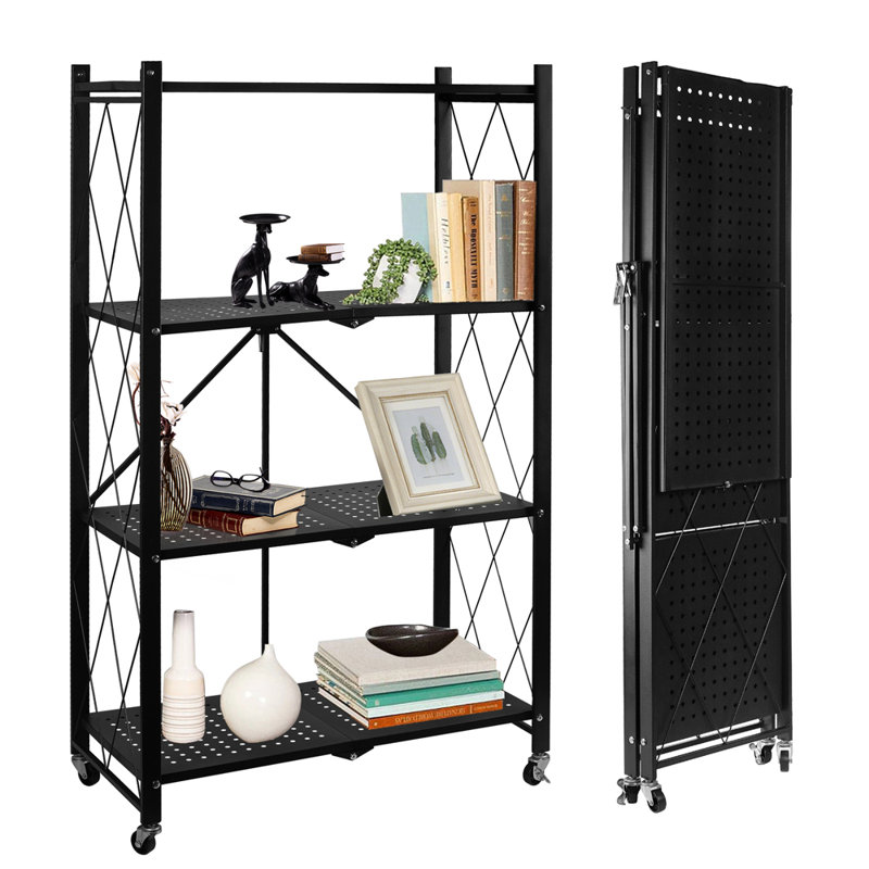 4-Tier Foldable Metal Shelving Unit with Wheels