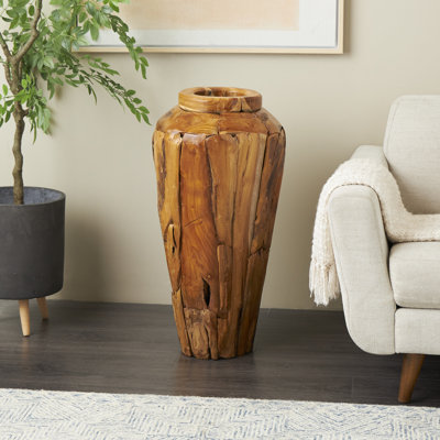 Carleene Teak Wood Handmade Tall Floor Decorative Brown Vase with Mosaic Live Edge Pieces
