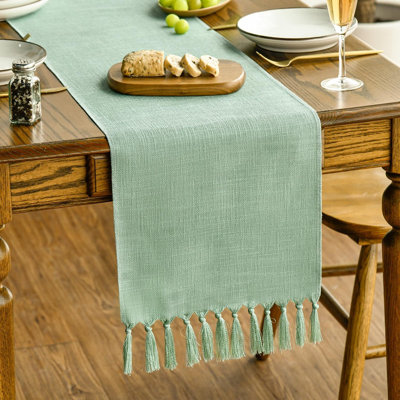 Sage Green Tassel Table Runner – Sage Green –  Spring Rustic Farmhouse Linen, Kitchen & Party Table Decor