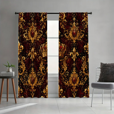 2PCS Gold Embellished Baroque Royal Crown Light Filtering Rod Pocket Curtains, Luxury Vintage Elegant Art Print Window Drapes, Easy Hang Rod Pocket Design, All Season Noble Decor for Living Room, Bedroom, Dorm, Royal Retro Style Window Coverings