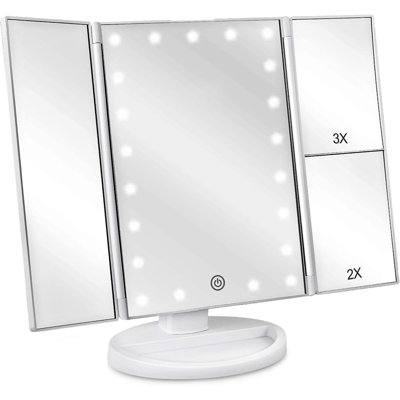 Floor Mount Tri Fold Lighted Vanity Mirror With 21 LED Lights Touch Screen And Two Power Supply Modes Make Up Mirrortravel Mirror