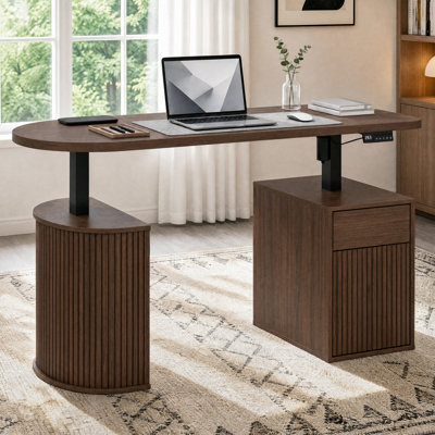 Bureau debout réglable en hauteur de 28 à 46 po avec élévateur électrique et 3 réglages de mémoire, bureau d'ordinateur asymétrique avec armoire de rangement et tiroir