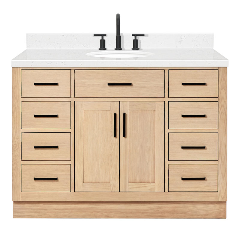 Tidworth 48'' Solid Wood Single Bathroom Vanity with 1.5'' Carrara Quartz Top Sink, Natural Oak, Oval