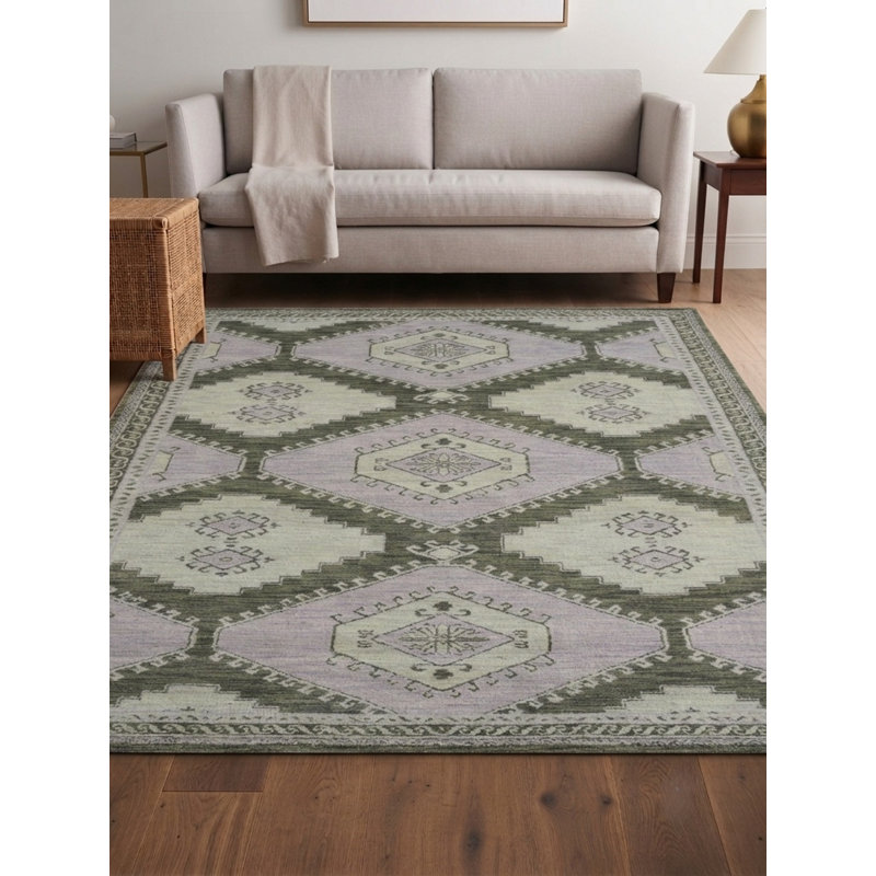 Tapis d'intérieur oriental en laine vert pâle tissé à la main, Rectangle 6 pi x 9 pi