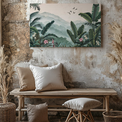 Toile, paysage serein de la jungle avec feuillage tropical luxuriant avec différentes nuances de vert avec de grandes feuilles de bananier et toile