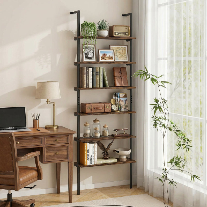 Étagère murale 72 "à 6 niveaux avec échelle 72", structure en métal renforcé résistant à la rouille et grandes tablettes ouvertes, convient au salon, au bureau et au vestibule