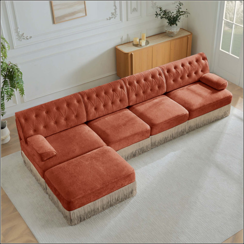 Canapé Chesterfield modulaire avec jupe à pampilles et design ergonomique, Red