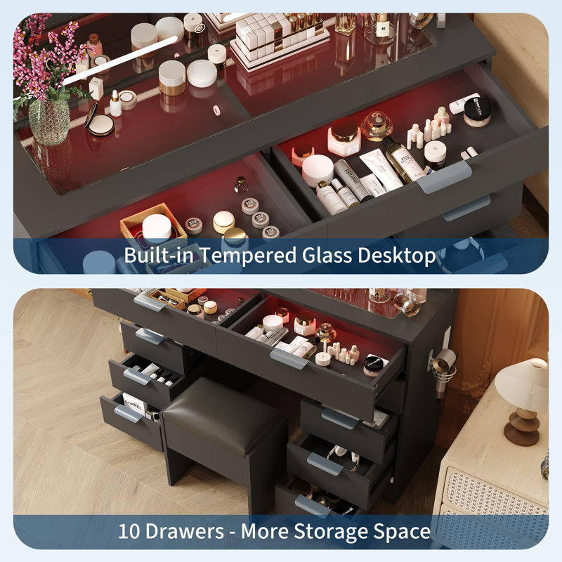 Makeup Vanity Desk with LED Mirror & Power Outlet – 10-Drawer Storage with Glass Top, 3-Color Lights, Hair Dryer Holder & Stool – Large Dressing Table Set for Bedroom, Black