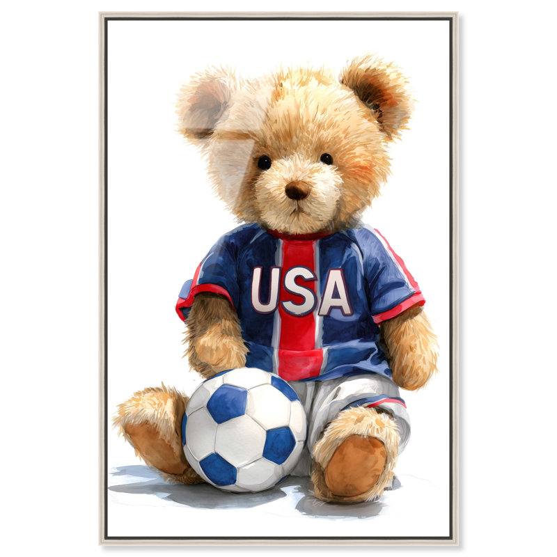 «Soccer Red Blue Teddy», reproduction sur toile encadrée par Art Remedy, cadre noir, 10 x 15, H 16 po x l 11 po, Cadre noir