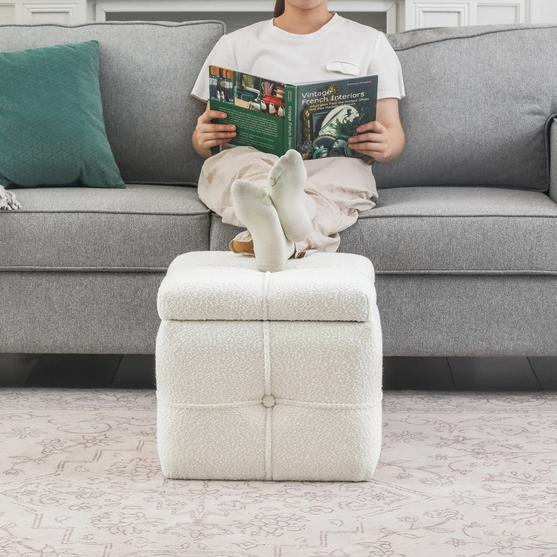 Repose-pieds rembourré avec rangement Cube Boucle, Blanc