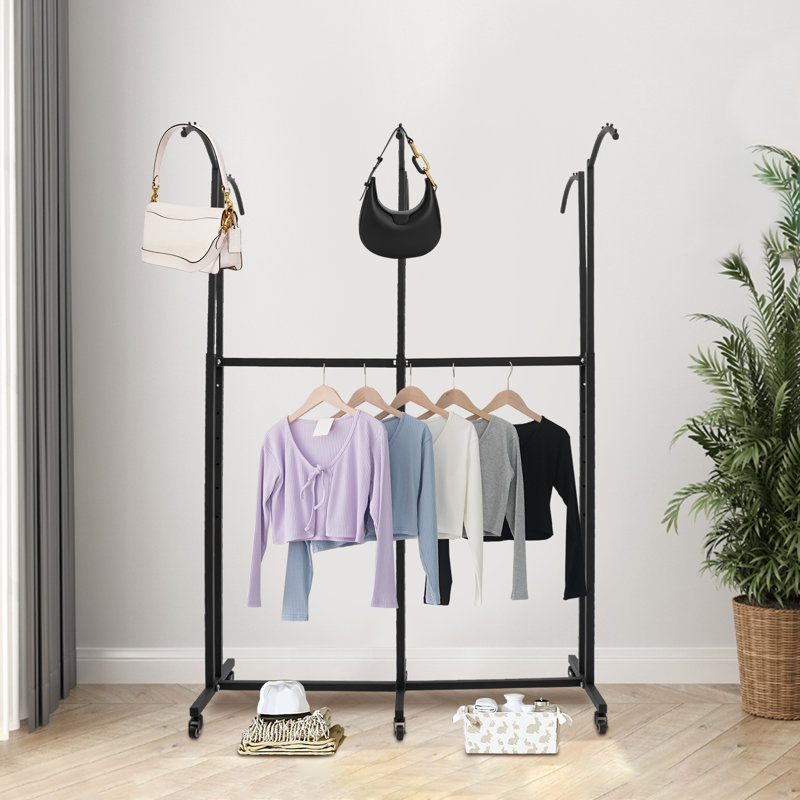 6 Arc Arm Height Adjustable Floor Stand Clothing Display Rack With Wheels, Black