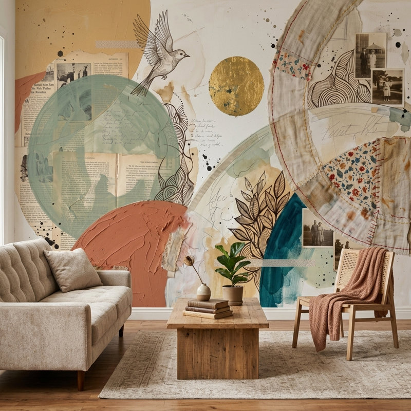 Décoration murale abstraite à motif de cercles géométriques mixtes, 200 po x 120 po, Non tissé