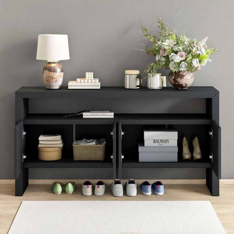 Buffet 60 po, console moderne à 4 portes avec tablette ouverte, buffet en placage de pin et meuble télé avec portes à fermeture en douceur 60 po