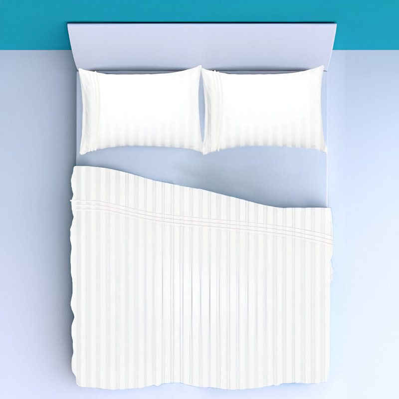 400TC Triple Embroidery Sateen Stripe Cotton 4 Piece Sheet Set Fitted Sheet Fits Upto 16" Deep Pocket, White Border