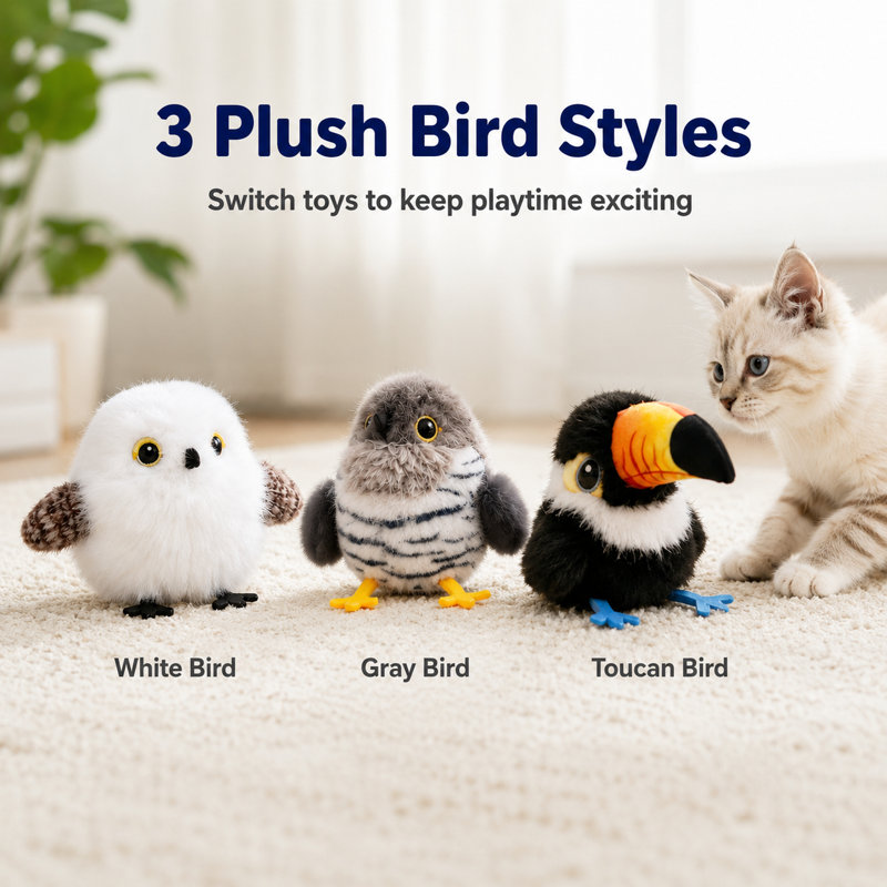 Ensemble de jouets pour chat flottant - Coucou pelucheux, toucan et mésange avec gazouillis réaliste, tactile, 3 modes de battement, USB rechargeable, pour chats d'intérieur (3 styles)