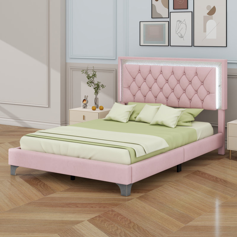 Structure de lit tapissier avec lumières DEL, lit plateforme moderne avec tête de lit capitonnée
