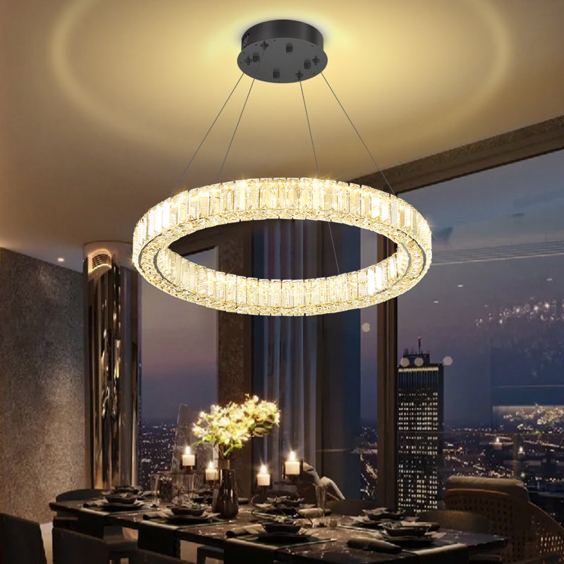 Luminaire suspendu moderne avec anneau en cristal, 118'' H x 24'' W x 24'' D, Matte Black, 1