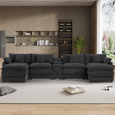 145"W U-Shape Sectional With Console & Cup Holders And USB Ports