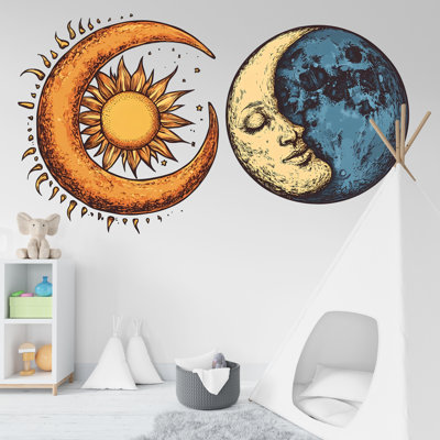 Sun Moon Wall Decal, Celestial Wall Sticker, Boho Bedroom Wall Art, Mystic Sun Moon Decor, Astrology Wall Mural, 179Gm