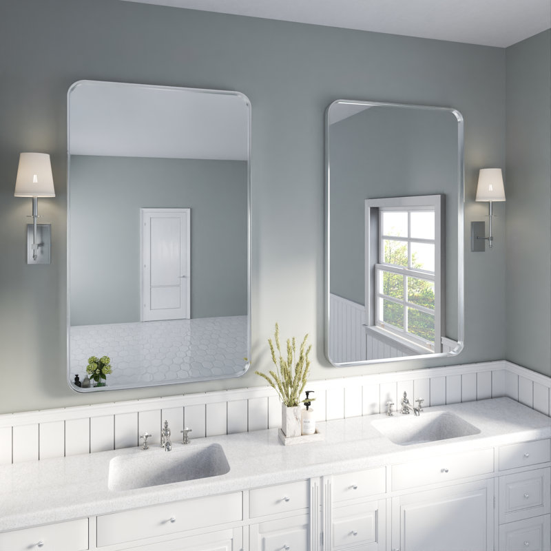 Élégant miroir encadré en aluminium avec coin arrondi pour une décoration intérieure élégante, Argent argent, 60 po x 36 po