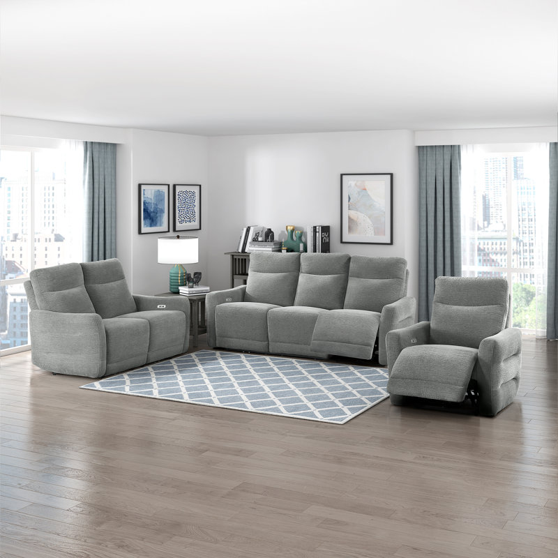 Ensemble de salon 3 pièces en chenille moderne et contemporain Jitzel avec appuis-tête à réglage électrique, inclinaison à plat et ports USB intégrés