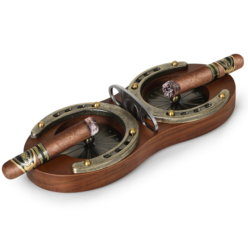 Cigar Ashtray, Horseshoe Wooden Double Ashtray with Cutter, Zinc Alloy Anti-scald Gasket, Cigar Slot and Holder,Brown