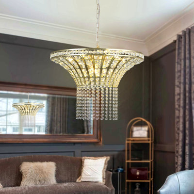 24" Modern Crystal Round Chandelier With Gold Finish, Elegant Pendant Light With Cascading Beads, For Dining Room, Living Room, Or Foyer