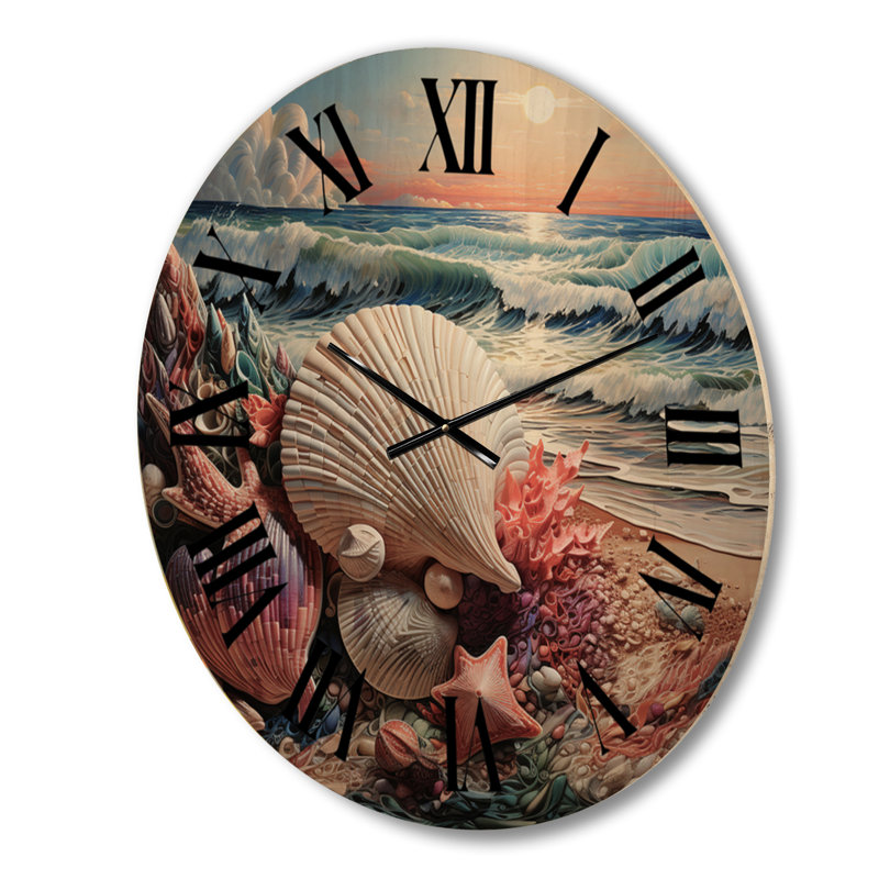 Horloge murale coquillage sur la plage symphonique pointillisme - animaux, Grand