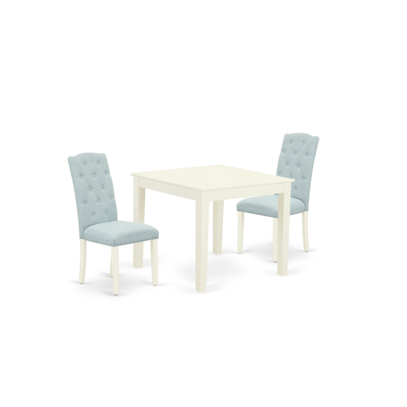 3 Piece Dining Table Set for Small Spaces Contains a Square Dining Room Table and 2 Baby Blue Linen Fabric Upholstered Chairs, Linen White