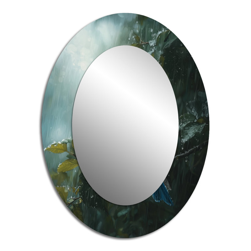 Bluebird In The Forest Rain I - Miroir mural ovale bleu, 40 po x 30 po