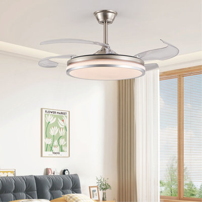 Ventilateur de plafond moderne à DEL 42 pouces à 2 niveaux avec lumière et télécommande, pales rétractables, moteur à courant continu réglable à 6 vitesses, fonctionnement silencieux pour le salon, la chambre à coucher, la salle à manger
