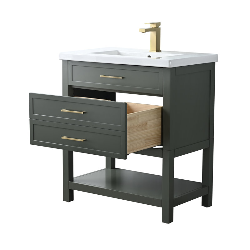 Meuble-lavabo simple 30 po avec comptoir en céramique Vicini, Vert rétro / or brossé