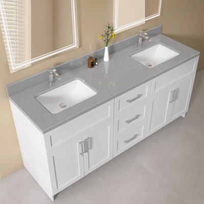 72"W x 22"D Engineered Stone Vanity Top Double Integrated Sink with 4" Backsplash in Gray Marble