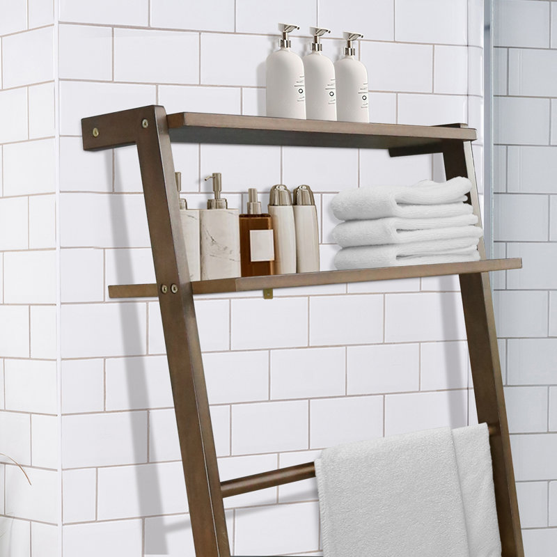 Échelle de couverture à 6 niveaux 100% bois massif avec deux tablettes de rangement, Noyer