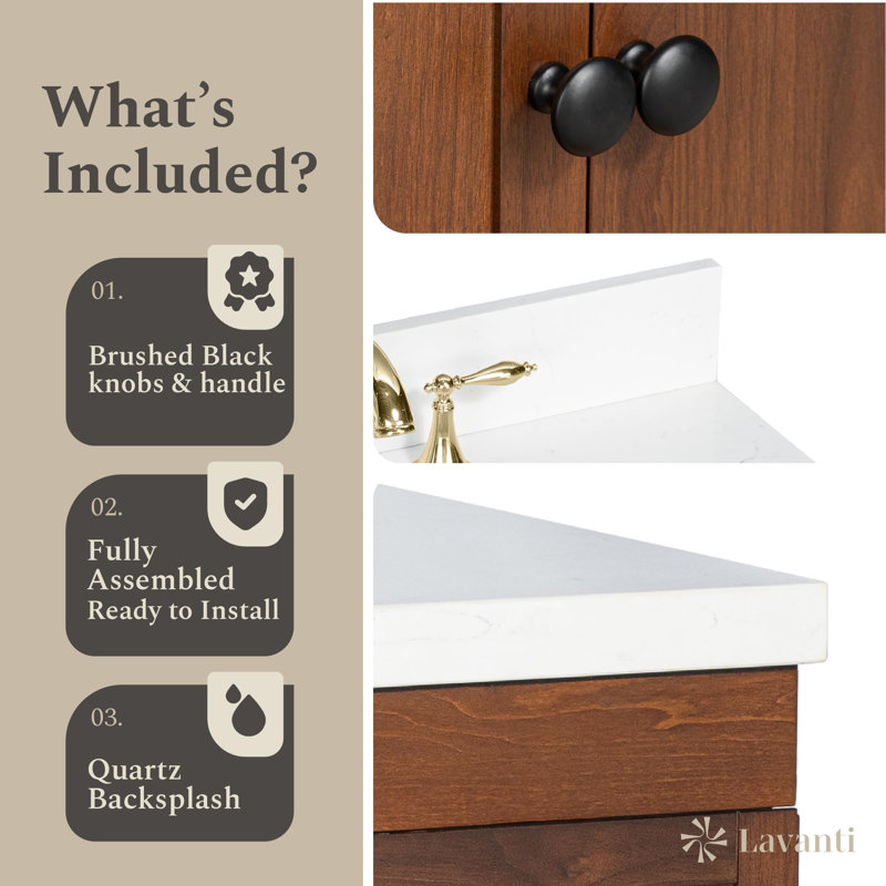  Depos 30 Inch Bathroom Vanity with Sink, Walnut – 100% Premium Solid Wood Vanity Cabinet – 1.5" Thick Quartz Countertop – Water-Resistant Finish – Fully Assembled