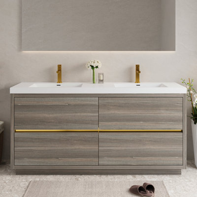 Meuble-lavabo sur pied 72 po avec lavabo, meuble-lavabo avec comptoir en résine de pierre et tiroirs à fermeture en douceur, gris cendre 24V14-72AG-W1920P385562