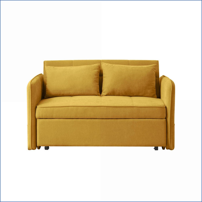 Sofas Couches Pull-Out Sleeper Loveseat, Solid Wood &amp; Metal Frame, Adjustable Armrests, Chenille, Lemon Yellow for Small Spaces | Fabric | Lemon Yellow