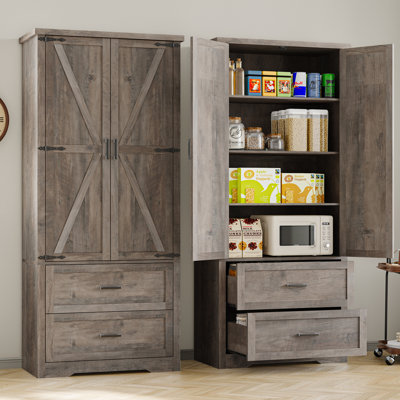 71" Barn Door Pantry Cabinet with Drawers and Adjustable Shelves for Kitchen