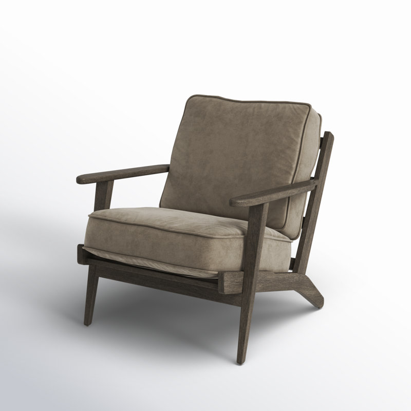 Light Olive Velvet Armchair with Brown Wood Frame