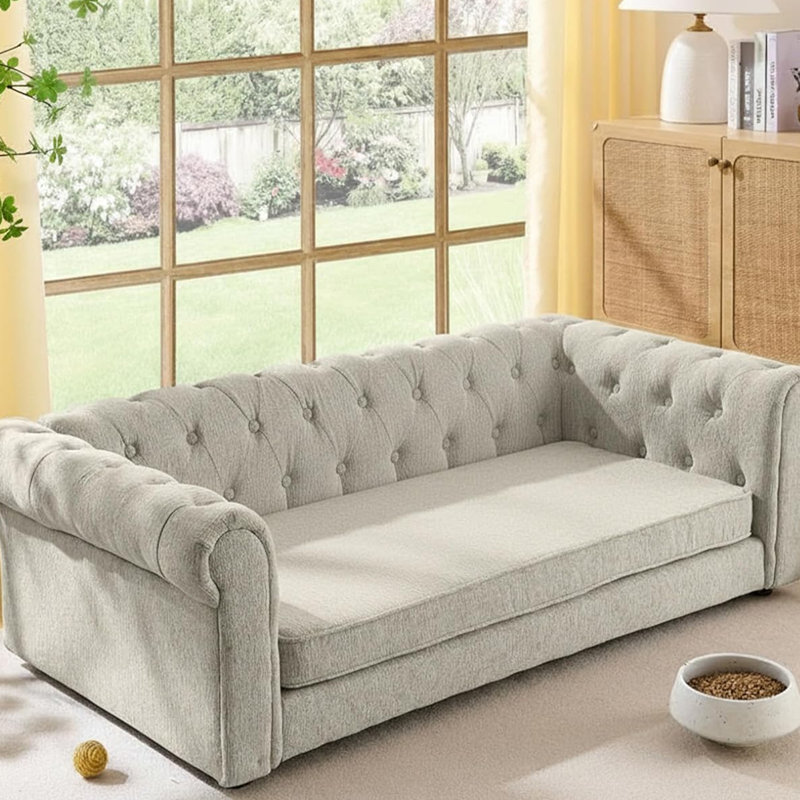 Canapé doux et confortable pour animaux de compagnie avec dossier et accoudoirs, Beige