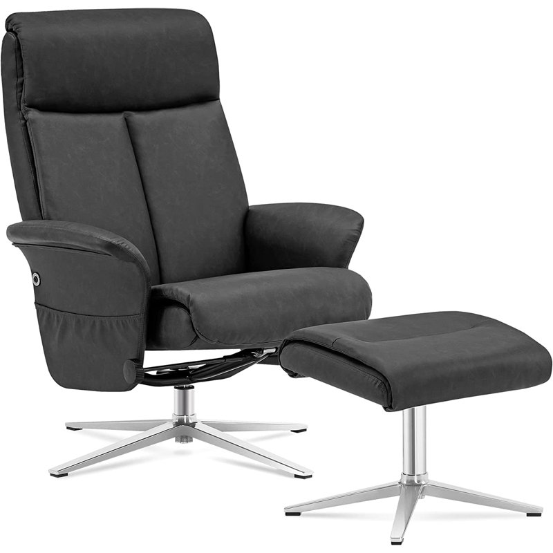 Swivel Recliner Chair with Ottoman, Faux Leather, Dark Gray