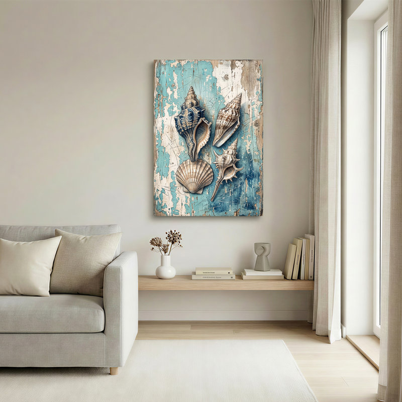 Assortiment de coquillages sur toile de bois bleu patiné, 48"H x 32"W