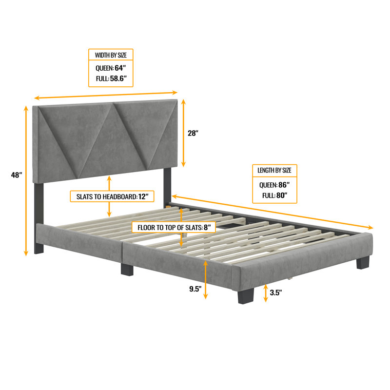Boyd Sleep Vector Upholstered Velvet Platform Bed, Adjustable Height Headboard, No box Spring Required, Queen