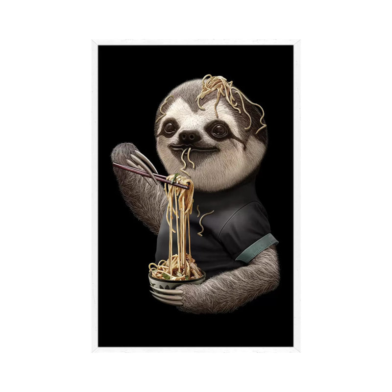 Sloth Eat Noodle Black by Adam Lawless - Print on Canvas, White Framed Canvas, 101.6 cm H x 66.04 cm W