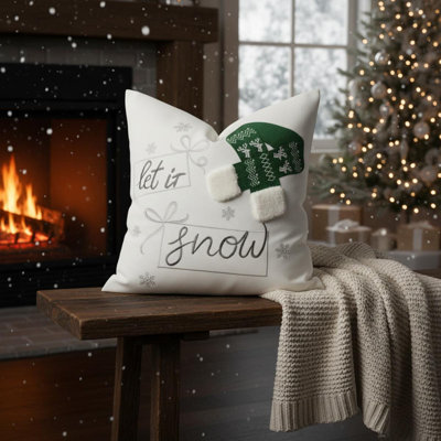 Coussin décoratif de Noël « Let It Snow » – Coussin carré en coton 50 x 50 cm avec motif tuque vert tricoté et garniture
