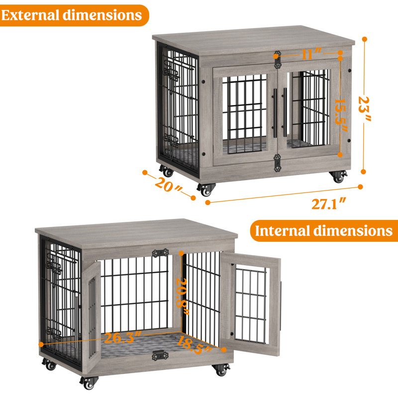 Dyako Dog Crate Furniture, Side End Table, Mordern Kennel, Wooden Heavy-duty Dog Cage, Dog House, Indoor End Table, Night Stand, w/Cushion and Wheels, Double-door, 3mm-5mm(dia) Iron Fence