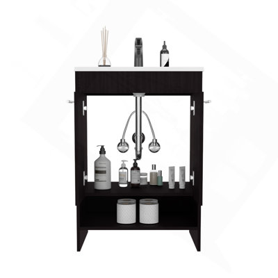 Floor Vanity With Four Drawers and Two Open Shelves, Black