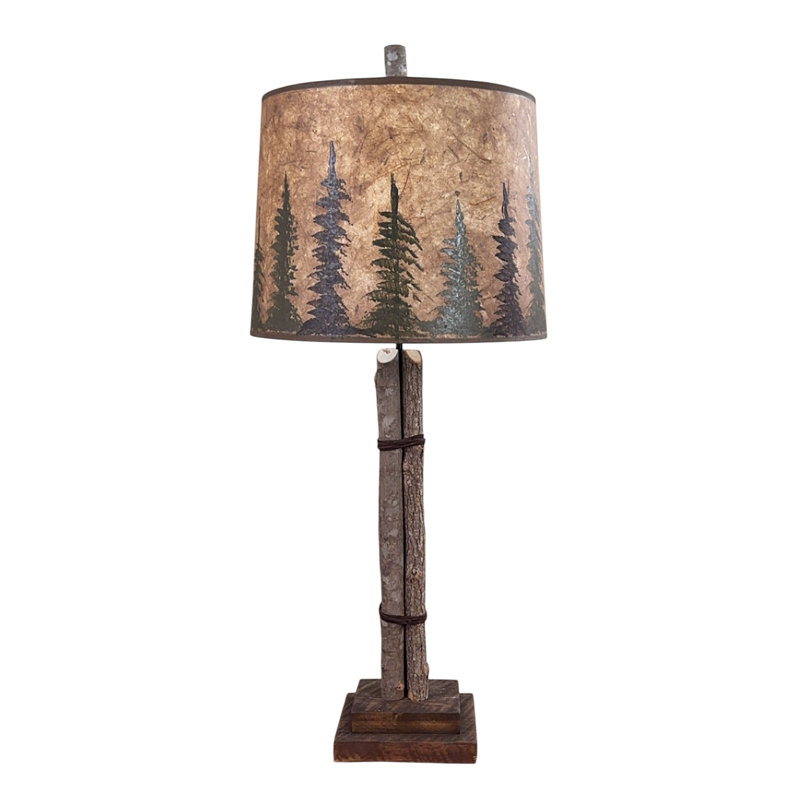 Twig and Leather Table Lamp w/ Rough Sawn Base and Pine Tree Shade