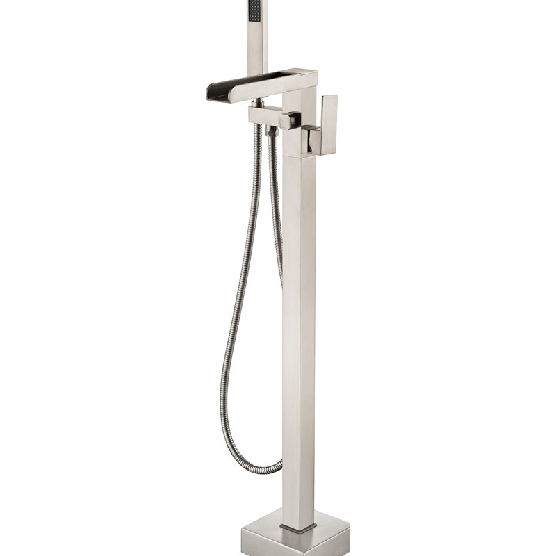 Brushed Nickel Floor Mount Tub Filler With Waterfall Effect And Hand Shower - Corrosion Bathroom Accessory Spout Handheld Mount,
