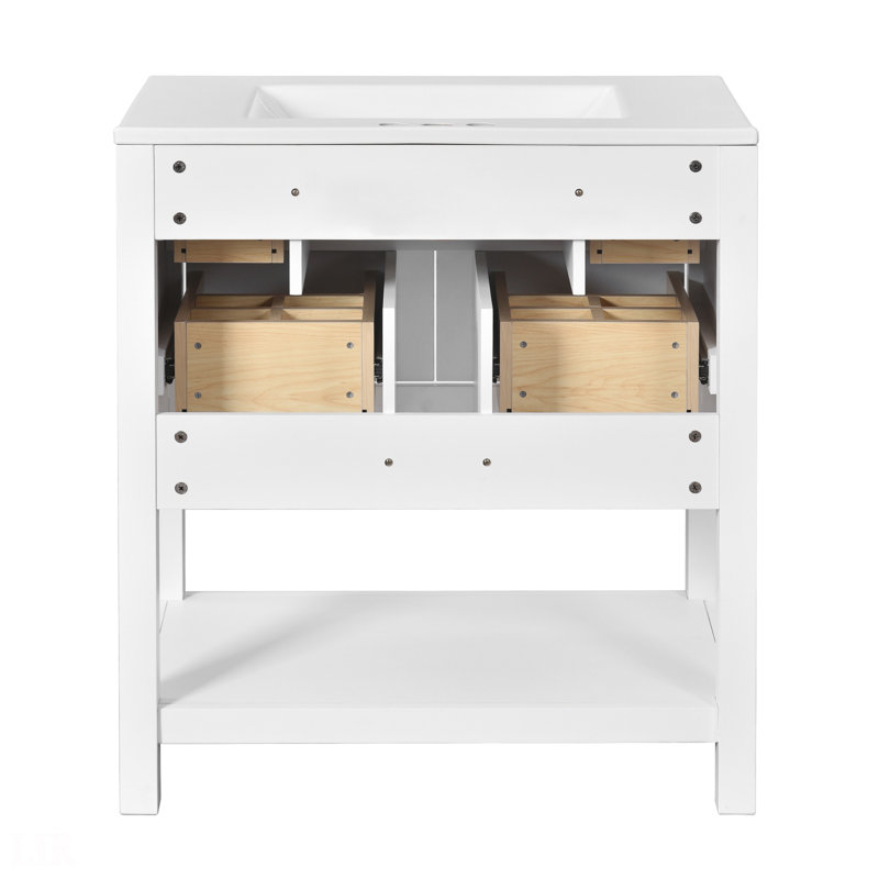30'' Bathroom Vanity With Ceramic Sink Combo, Free Standing Single Vanity Set With 5 Drawers, Solid Wood Frame Bathroom Storage Cabinet, Bathroom Vanity